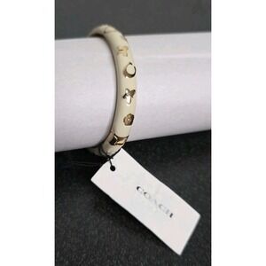 NWT COACH Faux Stone Signature Daisy Enamel Bangle Bracelet White Gold Flowers
